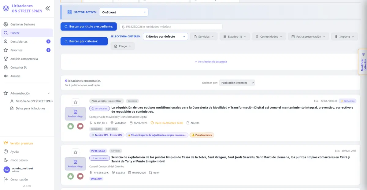 Buscador con filtros por importe, plazo, comunidad, tipo de contrato y estado.