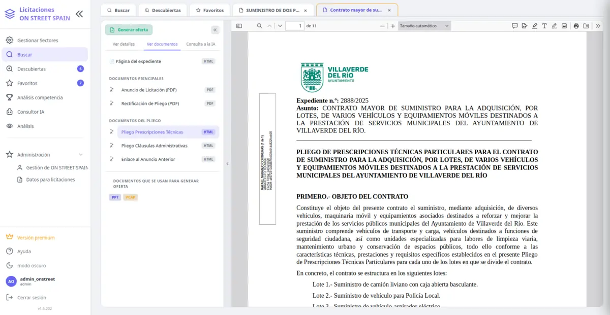 Visor con los pliegos de la licitación abiertos dentro del propio portal.